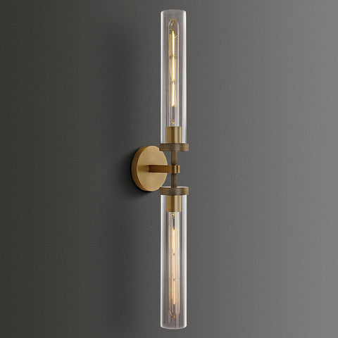 30" Brass Wall Sconce, Long Sconces Wall Lighting for Staircase, 2-Lights Wall Lamp Knurled Grand Linear Sconce Bathroom Sconces with Tube Glass