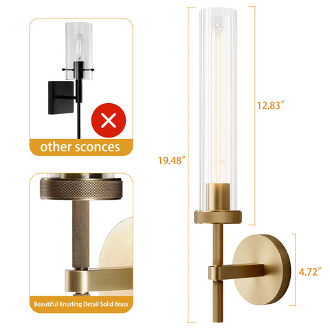 19''Modern Brass Wall Sconces Bathroom Vanity Light Fixtures, 2- Lights Glass Tube Wall Sconces, sconces wall lighting indoors, Wall Lights for Mirror, Living Room, Bedroom, Hallway (including bulb)