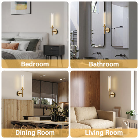 19" Brass Wall Sconces Bathroom Vanity Light Fixtures, Glass Tube Wall Sconces Solid Copper Base, Sconces Wall Lighting Indoors, Wall Lights For Mirror, Living Room, Bedroom, Hallway (1 Light, Including Bulb)