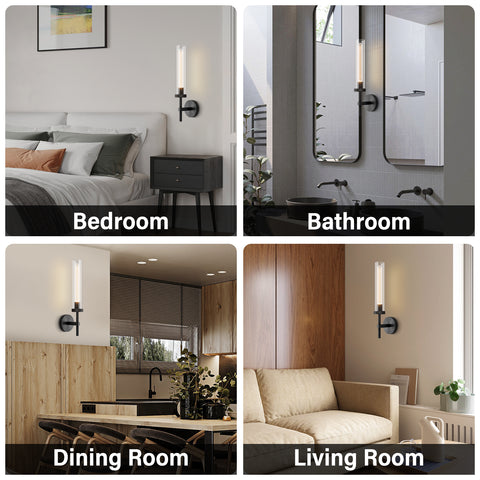 19''Modern Black Wall Sconces Bathroom Vanity Light Fixtures, 2- Lights Glass Tube Wall Sconces, sconces wall lighting indoors, Wall Lights for Mirror, Living Room, Bedroom, Hallway (including bulb)