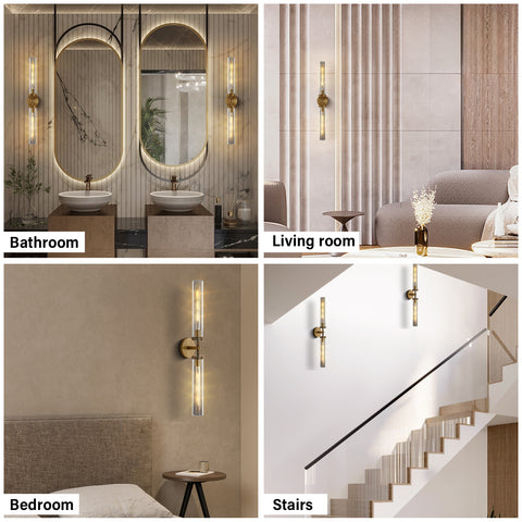 30" Brass Wall Sconce, Long Sconces Wall Lighting for Staircase, 2-Lights Wall Lamp Knurled Grand Linear Sconce Bathroom Sconces with Tube Glass