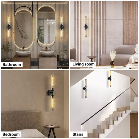 30" Black Wall Sconce, Long Sconces Wall Lighting for Staircase, 2-Lights Wall Lamp Knurled Grand Linear Sconce Bathroom Sconces with Tube Glass