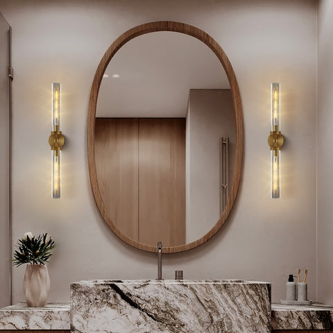 30" Brass Wall Sconce, Long Sconces Wall Lighting for Staircase, 2-Lights Wall Lamp Knurled Grand Linear Sconce Bathroom Sconces with Tube Glass