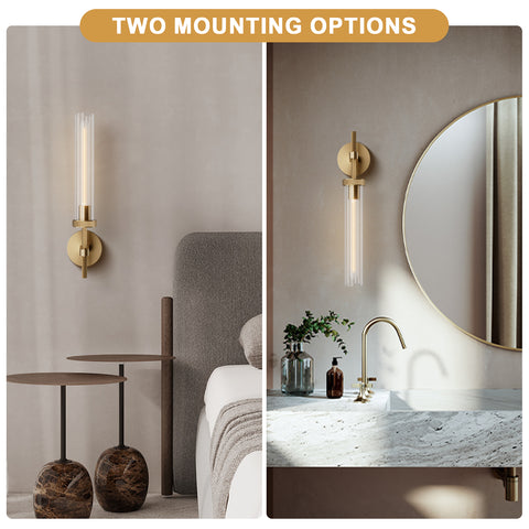 19''Modern Brass Wall Sconces Bathroom Vanity Light Fixtures, 2- Lights Glass Tube Wall Sconces, sconces wall lighting indoors, Wall Lights for Mirror, Living Room, Bedroom, Hallway (including bulb)