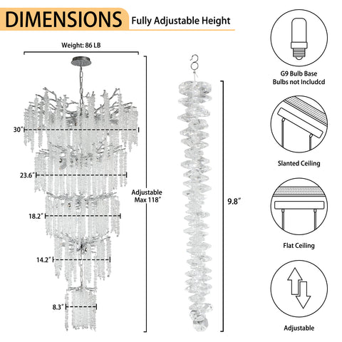 Silver H118'' Crystal Chandeliers for Entryway,Golden 28Lights Foyer Pendant Lighting Entrwey High Ceiling Chandeliers,Luxury Tree Branches Chandelier Lighting Hanging Light for Living Room