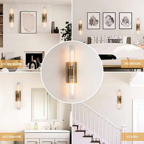 Glass Tube Wall Sconces, Brass Bathroom Vanity Light Fixtures, Bathroom Wall Lights, Bedroom Bedside Wall Sconces, Wall Lamp for Dressing Table, Living Room, Hallway, Bulb Included