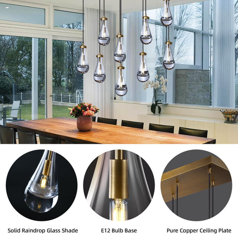 Brass Raindrop 9-Light Chandeliers For Dining Room, Black Dining Room Lights Fixture Over Table, Teardrop Pendant Lights Kitchen Island, Adjustable Rope Hanging Lamp Ceiling For Bedroom Entryway Foyer